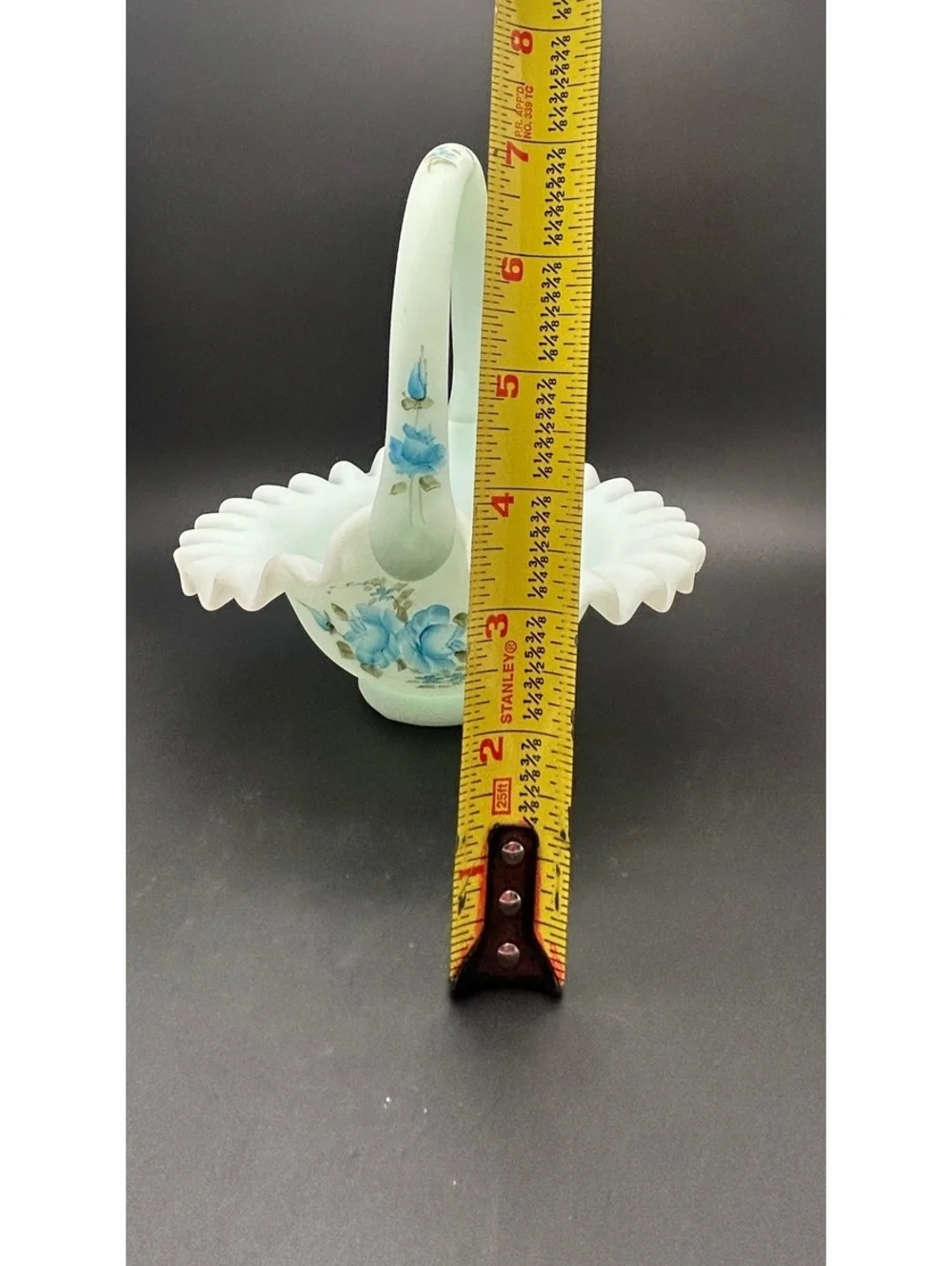 Fenton Light Blue Satin Ruffled Hand Painted Basket